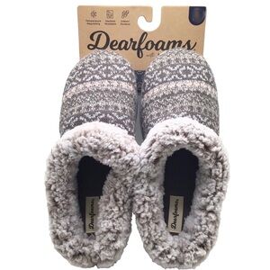 Dearfoams Women’s Gray Fair Isle Knit Fleece Clog Slippers